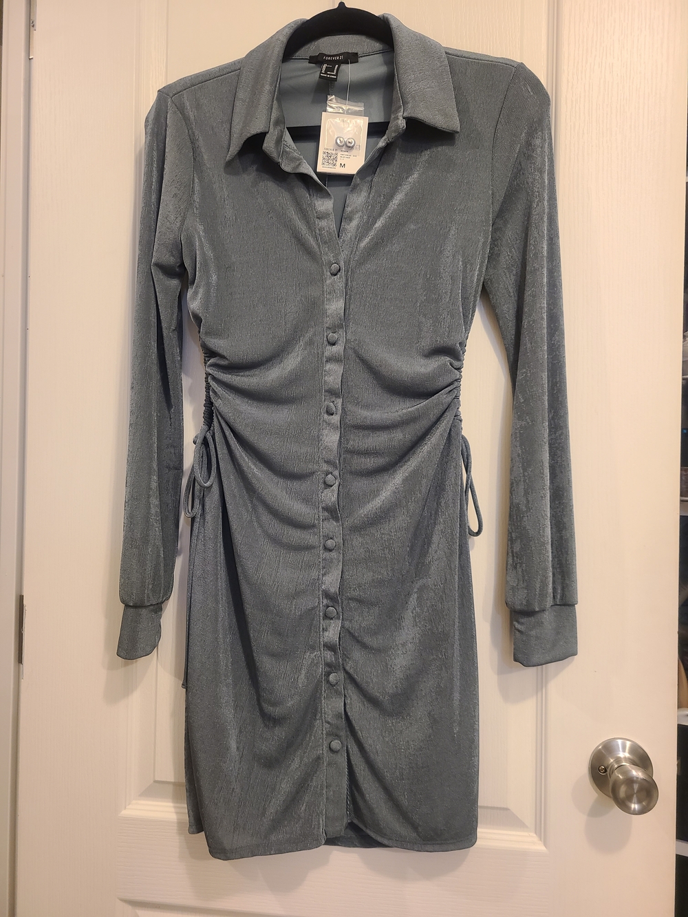 Forever 21 Slate Blue Velvet Button-Front Long Sleeve Dress